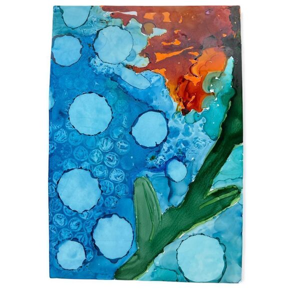 Handmade Alcohol Paint "Flower in the Morning Frost" Blue, Green, Orange - Picture 1 of 6
